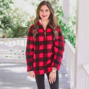 Jess Lea Medium Red and Black Buffalo Plaid Fleece Pullover Half Zip Sweater